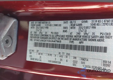 2016 Ford Escape Se z USA, uszkodzony, nr VIN 1FMCU9GX1GUA47965